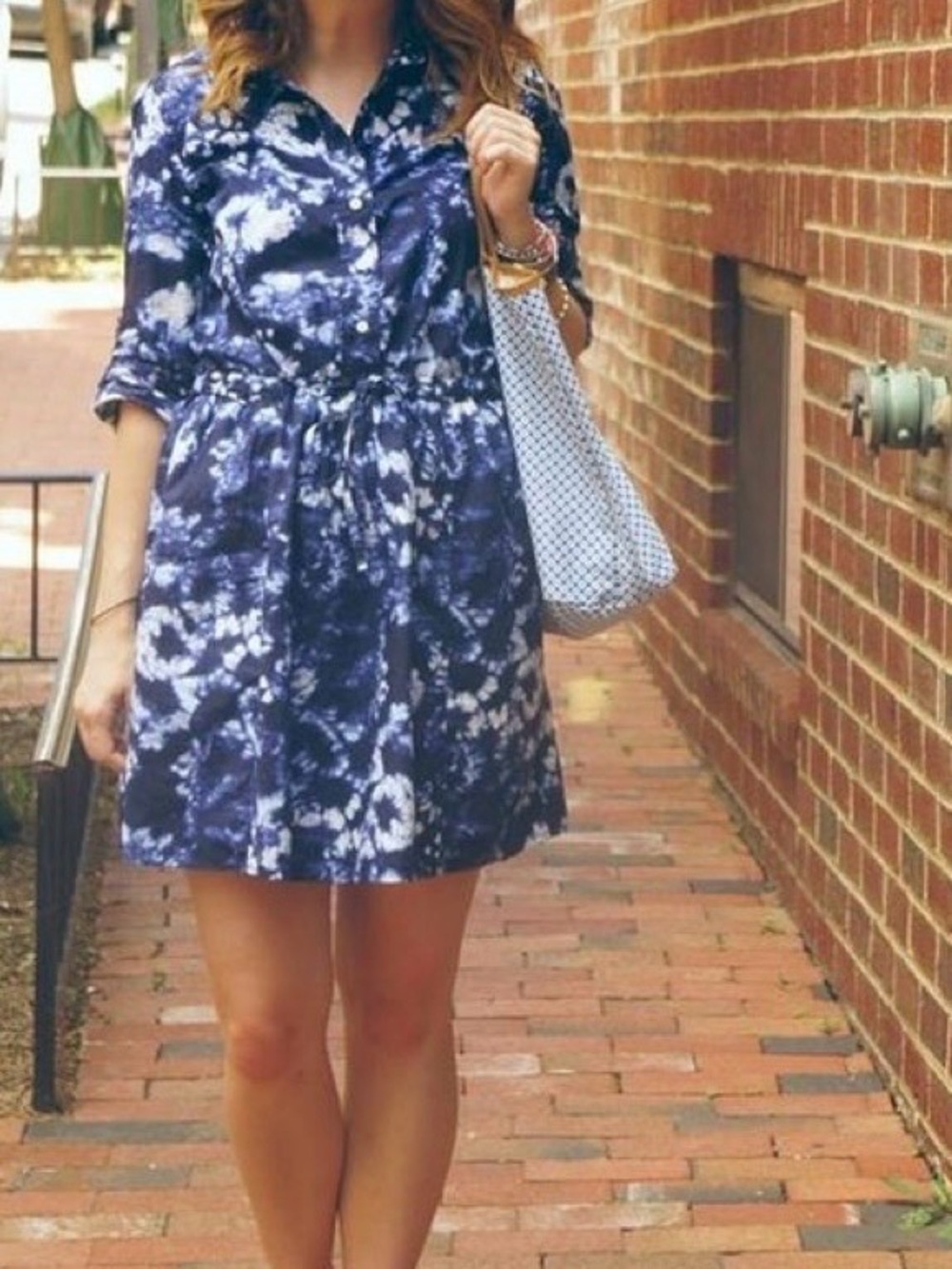 GAP Tie Dye Shirt dress Size S Navy White Button‎ Down String Waist Pockets